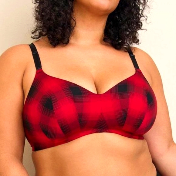 ❤NWT VINTAGE TORRID WIRELESS BRA LIGHTLY LINED - RED BLACK PLAID BACK SMOOTHING - Picture 8 of 10